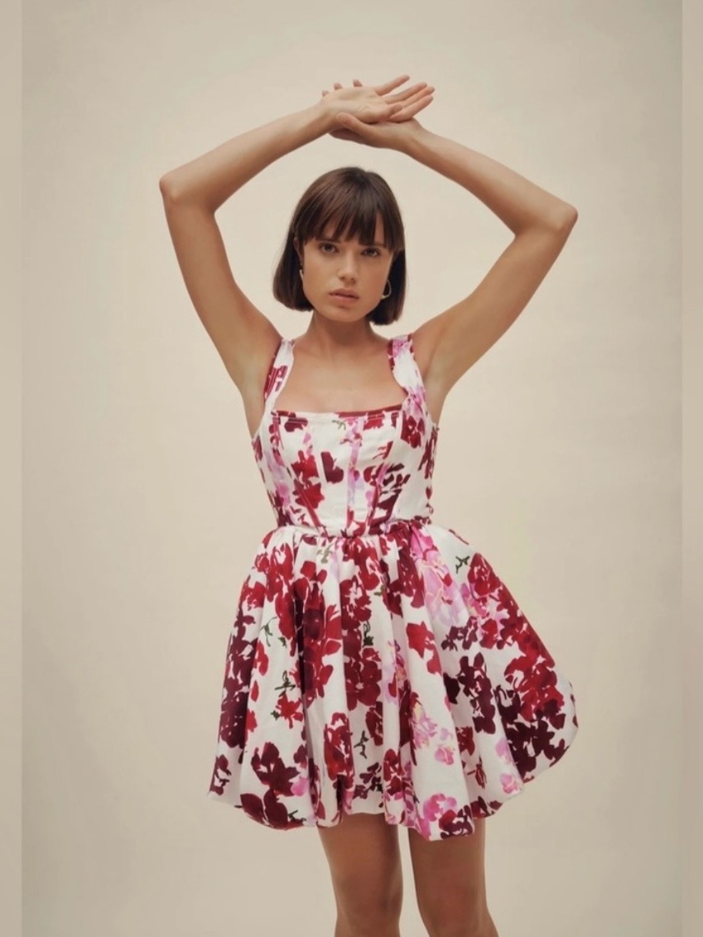 Aje White Mini Dress with Red and Pink Floral Print